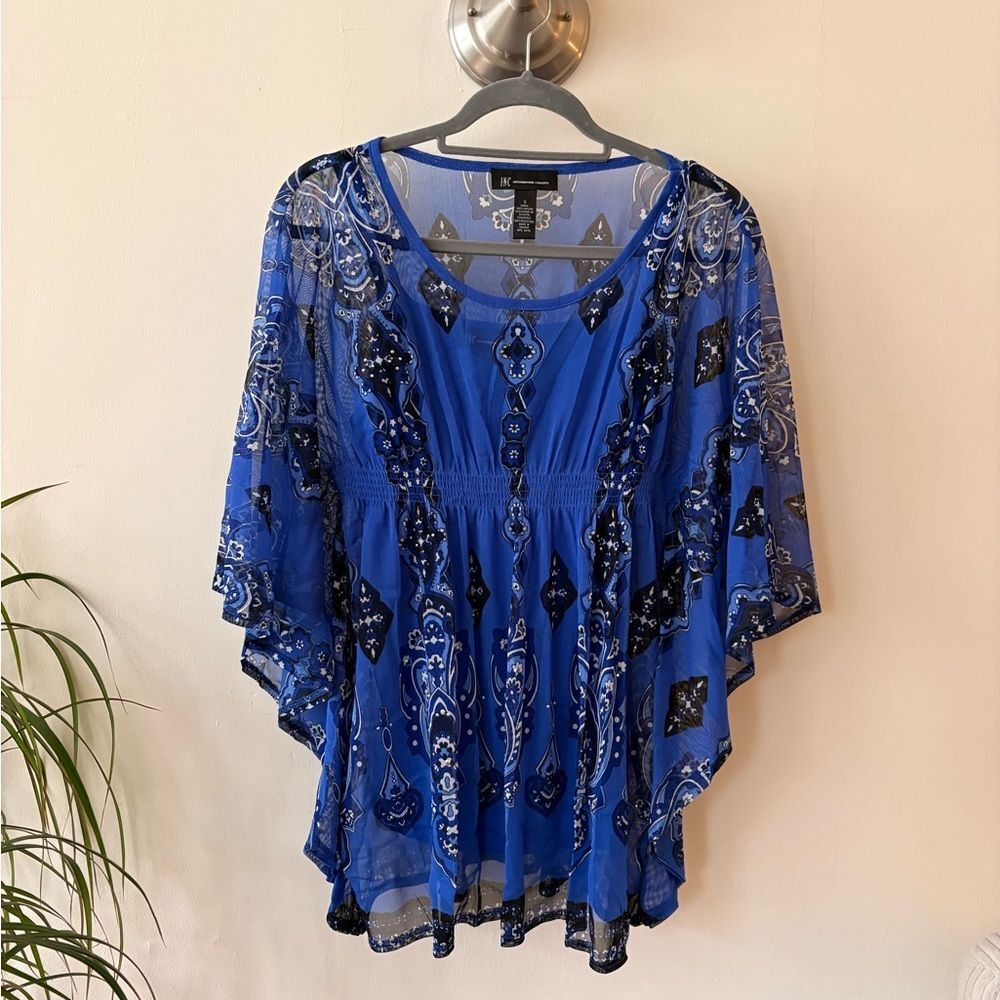 INC International Concepts Royal Blue Sheer Blouse Size Small